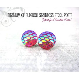 Red Iridescent Rainbow Dragon Scale or Mermaid Stud Earrings - 8mm, 10mm or 12mm Titanium or Surgical Stainless Steel Posts Nickel Free