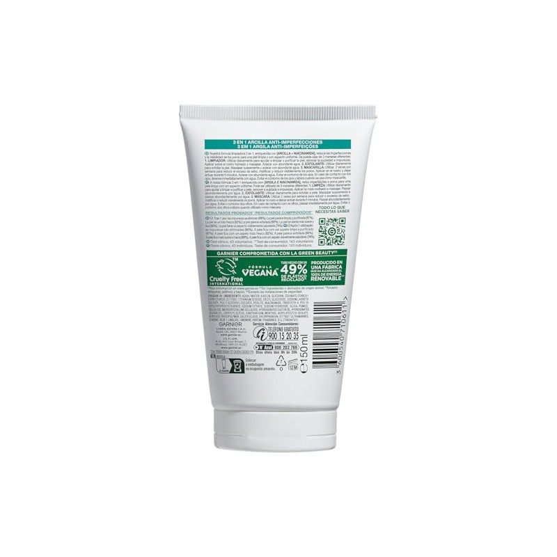 Garnier PureActive 3 en 1 Anti-Imperfecciones con Arcilla, 150ml
