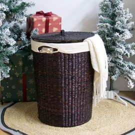 Furnnylane Hand-Woven Wicker Laundry Basket with Lid, 20 Gal (75 L) Large Laundry Hamper with Removable Liner for Laundry Room and Home Decor, Artisan Coffee (21"H x 15.7"D)