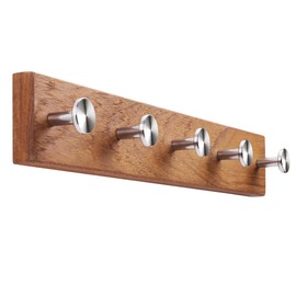 chiumay Wall Mounted Coat Rack with 16.5 Inch, Teak Wood 304 Stainless Steel Coat Hook Hanger - 5 Hooks for Hanging Clothes Coats Towels Robes.