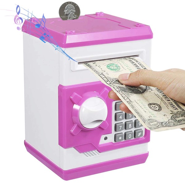 PowerKing ATM Piggy Bank Electronic Password Money Bank Safe Saving Box Voice Prompt Cartoon Panda Money Piggy Box for Kids 3+ Year (White Pink)