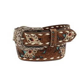 ARIAT Women's White Floral Overlay Turquoise Underlay Belt, Brown, X-Large