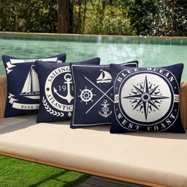 Waterproof Cushion Covers, Maritime Outdoor Cushion Cover, Decorative Cushion Cover, Linen, Summer Garden Sofa Cushion with Invisible Zip, for Sofa, Car, Office, Home Decor, Pack of 4, 40 x 40 cm