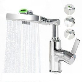 CHOMLEY Rotatable Rain Faucet, Single Hole 360° Rotatable Bathroom Faucet, Single Handle Modern Bathroom Sink Faucet with LED Temperature Display(No Batteries) in Fahrenheit, 3 Water Modes-Chrome