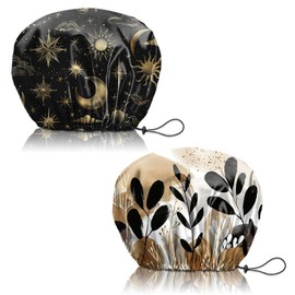 Deokke 2 PCS Shower Cap Reusable Large Waterproof Adjustable Double Layer Elastic Dry Hair Bathing Caps Aesthetic Cute for Women Girls-Sun Moon Leaf