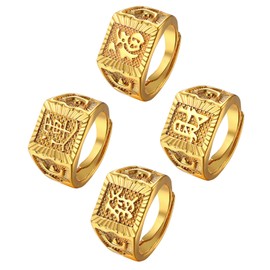 JewelryWe Men's Gold Signet Ring: 4Pcs Gold Plated Kanji Rings Rich Luck Wealth Adjustable Open Thumb Finger Rings Set for Fathers Day Birthday Wedding Anniversary