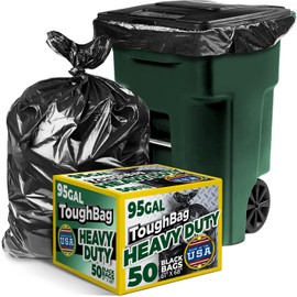 ToughBag 95-96 Gallon Trash Bags Heavy Duty, Black Garbage Bags (50 COUNT) Extra Large 90, 95, 96, 100 Gallon Can Liners - Made In USA