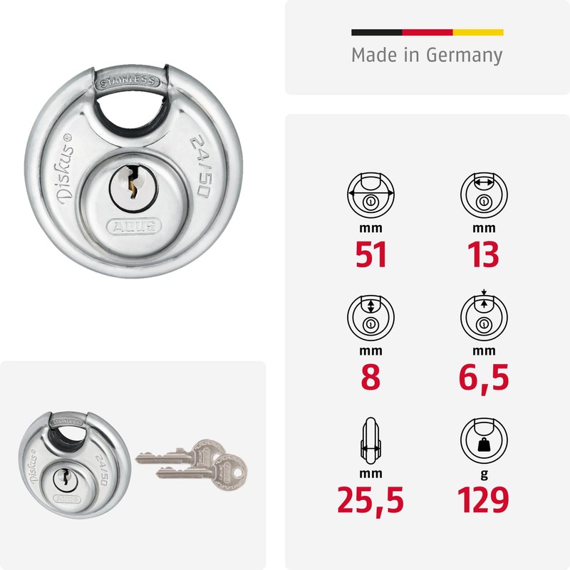ABUS Diskus Vorhängeschloss 24IB/50 aus Edelstahl - mit 360° Rundumschutz
