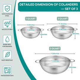 HaWare Stainless Steel Colander Set of 3, Micro-Perforated Metal Colander Strainer with Handle for Vegetables Fruits Pasta, Kitchen Gadgets for Draining Washing Rinsing, Dishwasher Safe-1/3/5 Quart