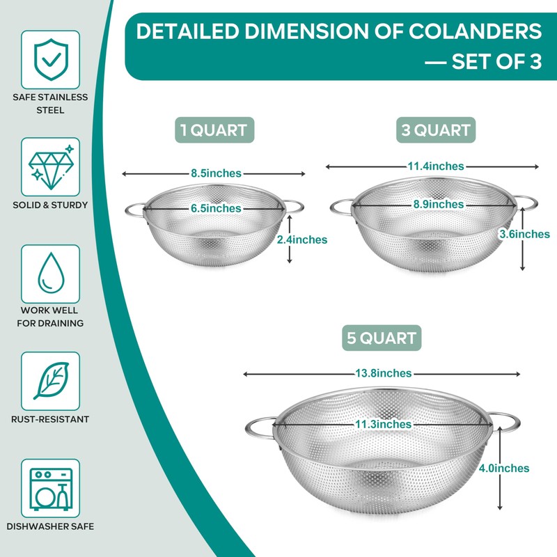 HaWare Stainless Steel Colander Set of 3, Micro-Perforated Metal Colander