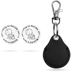 Geiomoo New Parent Decision Coin, Stainless Steel Double Sided Baby Gift with Leather Keychain for Moms Dads (Style I)