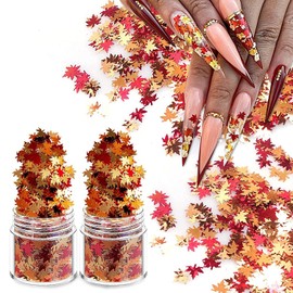 Nail Art Maple Leaf Flake 20gram Glitter Fall Leaves Metallic 3D Maple Leaf Shaped Red Yellow Orange Mixed Design Confetti -Maple Spangles for Women Girls Manicure Kit Decorations (2 Pot)…