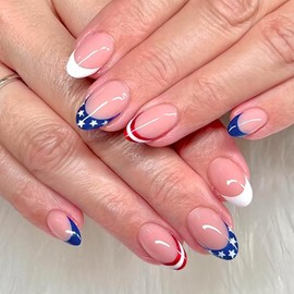 LBPEPAMZ 24Pcs Independent Day Press on Nails 4th of July Short Almond Fake Nails with White Star Design Red Blue French Tip Acrylic Nails False Nails Pink Nude Glossy Glue on Nails for Women Wear