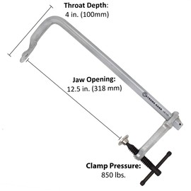 Strong Hand Tools, Utility Bar Clamp, Light Duty, Capacity: 12-1/2″ (216 mm), Throat Depth: 4″, Clamping Pressure: 850 LBS (390 kg), Rail Size: 25/32 x 3/8″, UE125
