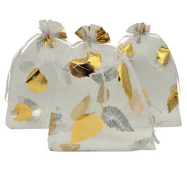 Ankirol 100pcs Sheer Organza Favor Bags 5x7 inch Wedding Baby Shower Drawstring Pouches (white gold leaf)