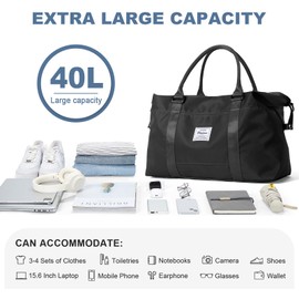 Travel Duffel Bag,Weekender Overnight Bag for Women,Carry-on Bag with Wet Pocket,Gym Bag,Extra Large,Black