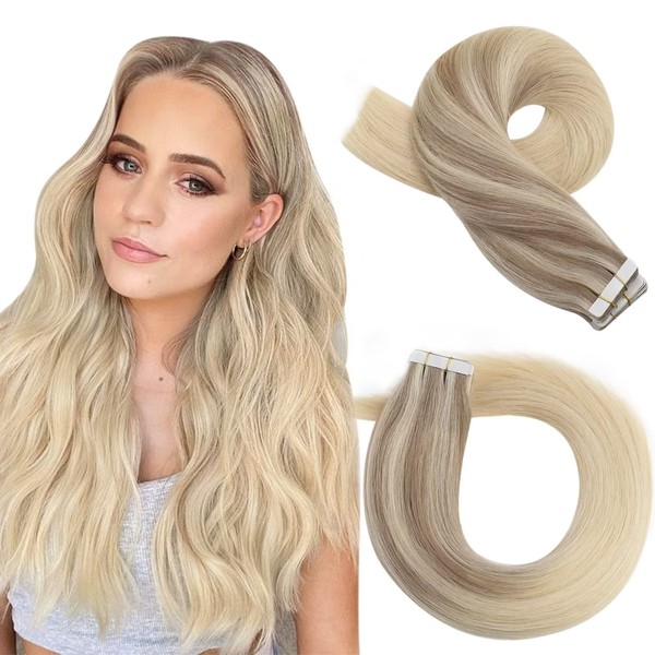 Moresoo Tape in Extensions Human Hair Extensions Balayage Ash Blonde to Platinum Blonde Tape in Hair Extensions Ombre Real Hair Extensions Glue in Silky Straight Hair 16 Inch #18/22/60 20pcs 50g