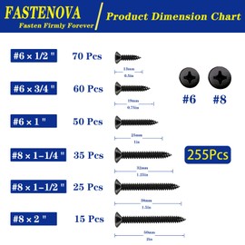FASTENOVA 255pcs Black Wood Screws Assortment Kit, 304 Stainless Steel, Self - Tapping Phillips Drive, 6 Sizes:1/2” 3/4” 1” 1-1/4” 1-1/2” 2”