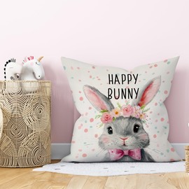 MNASAIOO Happy Bunny Easter Decorative Throw Pillow Covers, Cute Rabbit Gifts for Bunny Lovers Owners, Nursery Floral Bunny Pillow Cases Decor for Couch Bedroom Dorm 18x18in