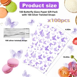 100 Pieces Butterfly Cellophane Gift Bags Plastic Butterfly Goody Bags Butterfly Treat Bags with 100 Pieces Silver Kink Ties for Butterfly Themed Baby Shower Party Dessert Decorations (Purple)