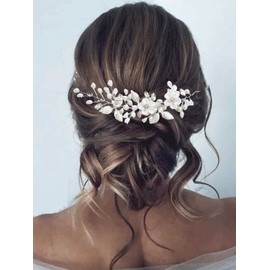 Bufenia Silver Flower Wedding Crystal Hair Vine Leaves Wedding Hair Accessories Pearl Hair Band for Bride and Bridesmaid