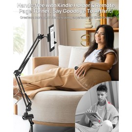 Bongogoo Kindle Holder with Remote Page Turner – Kindle Stand with Remote Page Turner for Bed, Hands-Free Clip Mount, Easy-Adjust Steel Arm (Not Gooseneck), No Text Blocking
