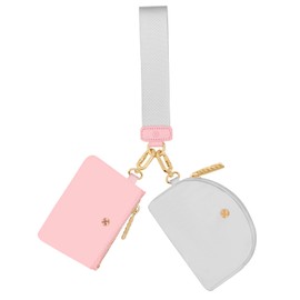 Hovmwey Keychain Wallet, Detachable Dual Pouch Wristlet Wallets for Women Men, Portable Mini Zip Around Small Wallet Coin Purse (Pink Sands+Gray)