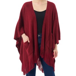 Cutecrop Women's Shawl Wraps with Pockets, Knitted Poncho, Open Front Fringe Sweater with Tassel for Spring Fall Winter (Wine Red)