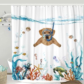 Fowocu Funny Dog Shower Curtain Set Teal Blue Sea Ocean Waterproof Fabric with Animal Octopus Starfish Turtle Anchor Fish Nautical Bathroom Curtain Decor (Orange, 72''×72'')