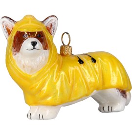 Joy to The World Pembroke Welsh Corgi in Yellow Raincoat Polish Glass Christmas Tree Ornament
