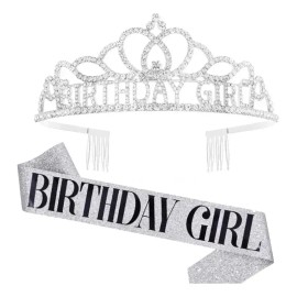 Feliz Cumpleaños Corona Y Faja Para Mujer Diademas Fiesta Plata + Negro