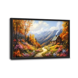 Framed Large Cabin Mountain Wall Art for Living Room, Oversized Wildflower Tree Wall Decor Nature Landscape Canvas Painting Modern Artwork Home Decoration for Living Room Bedroom 36"x24"