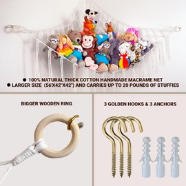 ABBY BABY Large Stuffed Animal Hammock Corner - Stuffed Animal Storage - 100% Natural Cotton Macrame Stuffed Animal Net - Stuff Animal Organizer - Net For Stuffed Animals Corner Large-Beige