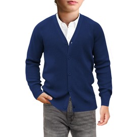Haloumoning Boys Cardigan Sweater Kids Casual V Neck Button Down Uniform Sweaters 5-14 Years Navy Blue