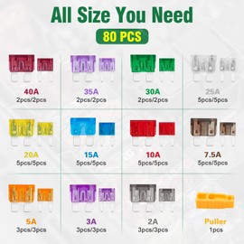 Bolatus 80Pcs Car Fuses Mini and Standard Blade Fuses 2Amp 3A 5A 7.5A 10A 15A 20A 25A 30A 35A 40A Automotive Replacement Fuses for Caravan Motorcycle Truck RV+ Fuse Puller