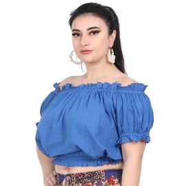 Wevez Women's Tribal Style Summer Cotton Puff Sleeve Crop Top Blouse, Royal Blue