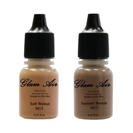 Airbrush Makeup Foundation Matte M13 Soft Walnut and M15 Summer Bronze Water-based Makeup Long Lasting All Day Without Smearing Running, Fading or Caking 0.25 Oz Bottle By Glam Air