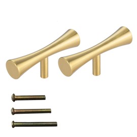 Lemfema Brass Handle, 2 Pieces, Door Handle with 3 Types of Screws, Drawer Handle Pull, Cabinet, Cupboard, Kitchen, Door, Knob, T-Shaped Round Bar, Medieval Modern Style, Gold Handle (Single Hole,