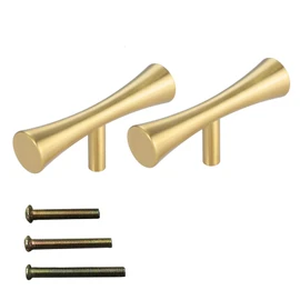 Lemfema Brass Handle, 2 Pieces, Door Handle with 3 Types of Screws, Drawer Handle Pull, Cabinet, Cupboard, Kitchen, Door, Knob, T-Shaped Round Bar, Medieval Modern Style, Gold Handle (Single Hole,