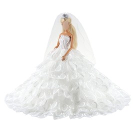 BARWA Long Wedding Dress with Long Veil Evening Party Princess White Lace Gown Dress for 11.5 Inch Girl Dolls