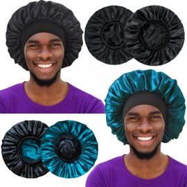 2pcs Bonnet for Men, Bonnets for Women, Satin Silk Hair Bonnet for Sleeping, Reversible Double Layer Wide Band Sleep Cap for Curly Hair Braids