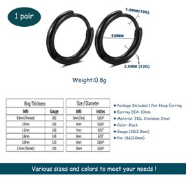 316L Surgical stainless steel hoop earrings 8mm/10mm/12mm Hypoallergenic Huggie Earrings Small Hoop Sliver Black Sleeper Earrings For Women Men