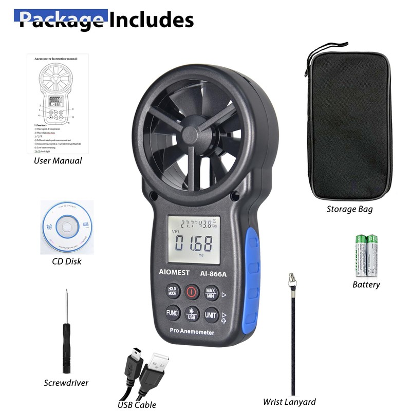 AIOMEST Wind Gauge, Digital Anemometer Wind Meter Hand Held, AI-866A