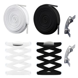 Flat Shoelaces without Tying - 2 Pairs Elastic Shoelaces with Quick Release, Rubber Laces with Metal Capsules, Quick Laces for Comfort and Beautiful, Lazy Shoelaces (Black, White), Black & White