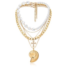 MJartoria Gold Layered Necklaces for Women Trendy Big Shell Cross Pendant Dainty Chunky Pearl Chain Choker Necklaces for Jewelry Birthday Gifts
