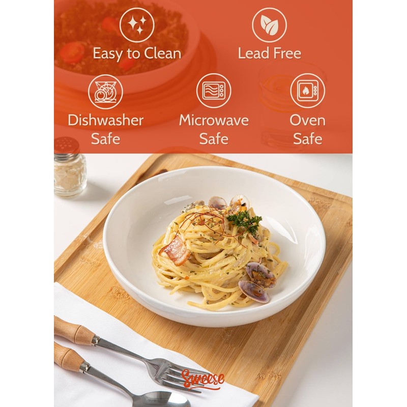 Sweese 22oz Porcelain Pasta Bowls Set of 6-7.6 Inch White