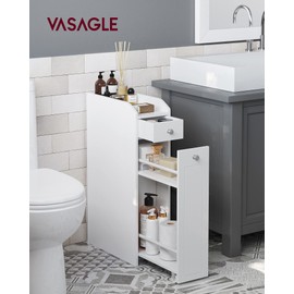 VASAGLE Slim Storage Cabinet, Narrow Storage Organizer with Slide Out Drawers, Freestanding Toilet Paper Holder, Small Space Skinny Cabinet for Bathroom Kitchen Corner, Cloud White UBBC847P31