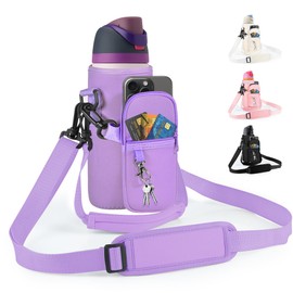 Icesip Water Bottle Holder Bag with Detachable Phone Pocket for Owala FreeSip 24oz with Strap Pocket for Owala Accessories 24oz Water Bottle Sleeve for Walking Camping Gym Purple