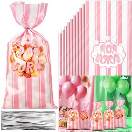 Ninehaoou Popcorn Bags Movie Night Popcorn Bags for Party Stripe Cookie Snacks Container with Twist Ties for Graduation Carnival Summerween Birthday Party Supplies(Pink,200 Pcs)