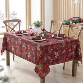 Newbridge Holiday Spruce Plaid Christmas Fabric Tablecloth, Holly, Evergreens, Acorn and Red Plaid Print Xmas Soil Resistant, No Iron Easy Care Tablecloth, 52 Inch x 70 Inch Oblong/Rectangle